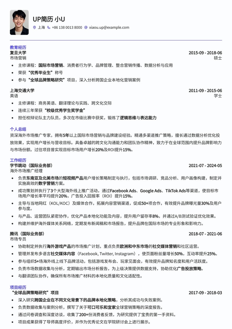 海外市场推广专员专业简历模板：助您拓展全球市场简历模板预览