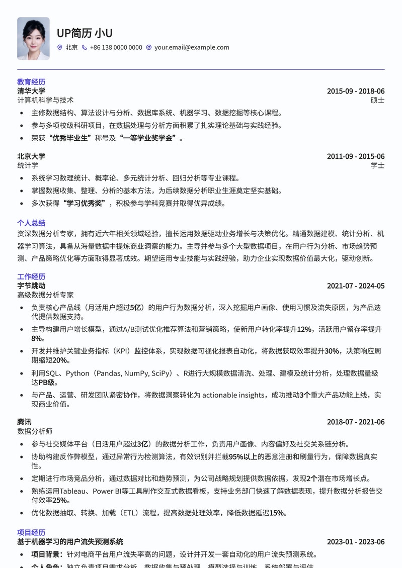 数据分析专家简历模板：助力数据洞察，赢取高薪Offer简历模板预览