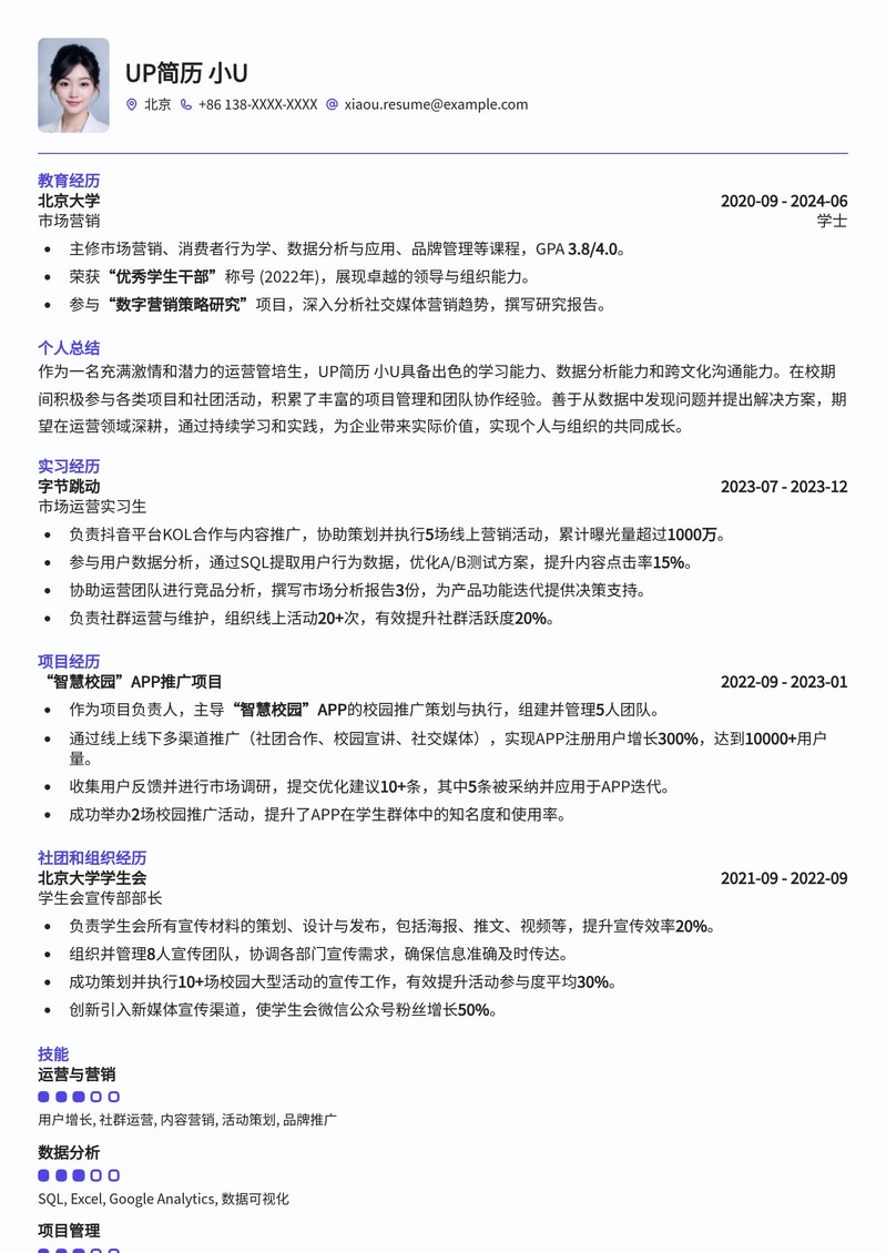 【运营管培生】高潜力应届生/实习生专属简历模板