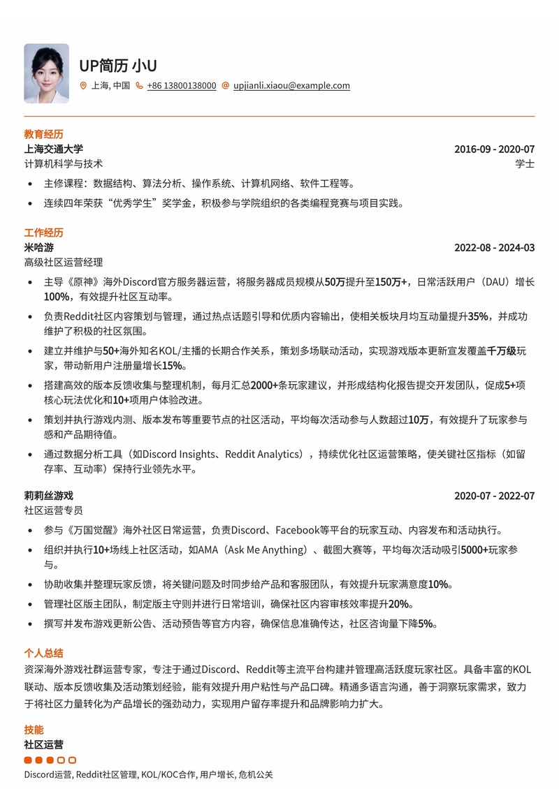 海外游戏社群运营简历模板:Discord/Reddit运营专家,KOL联动与版本反馈排版简历模板预览