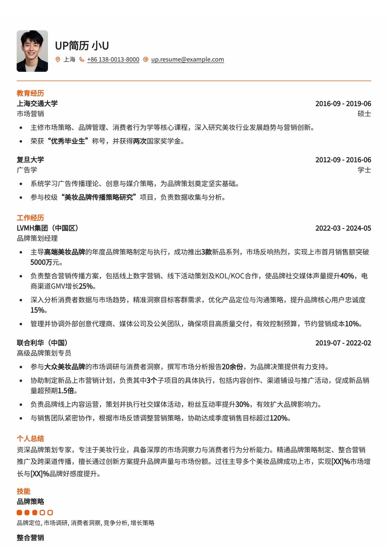 品牌策划简历模板：美妆行业品牌策划通用