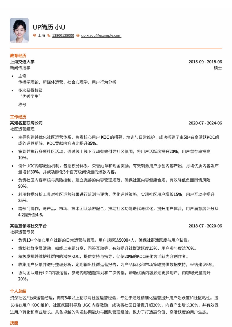 社区/社群运营经理简历模板:赋能核心KOC,引爆UGC内容,打造高活跃社区!简历模板预览