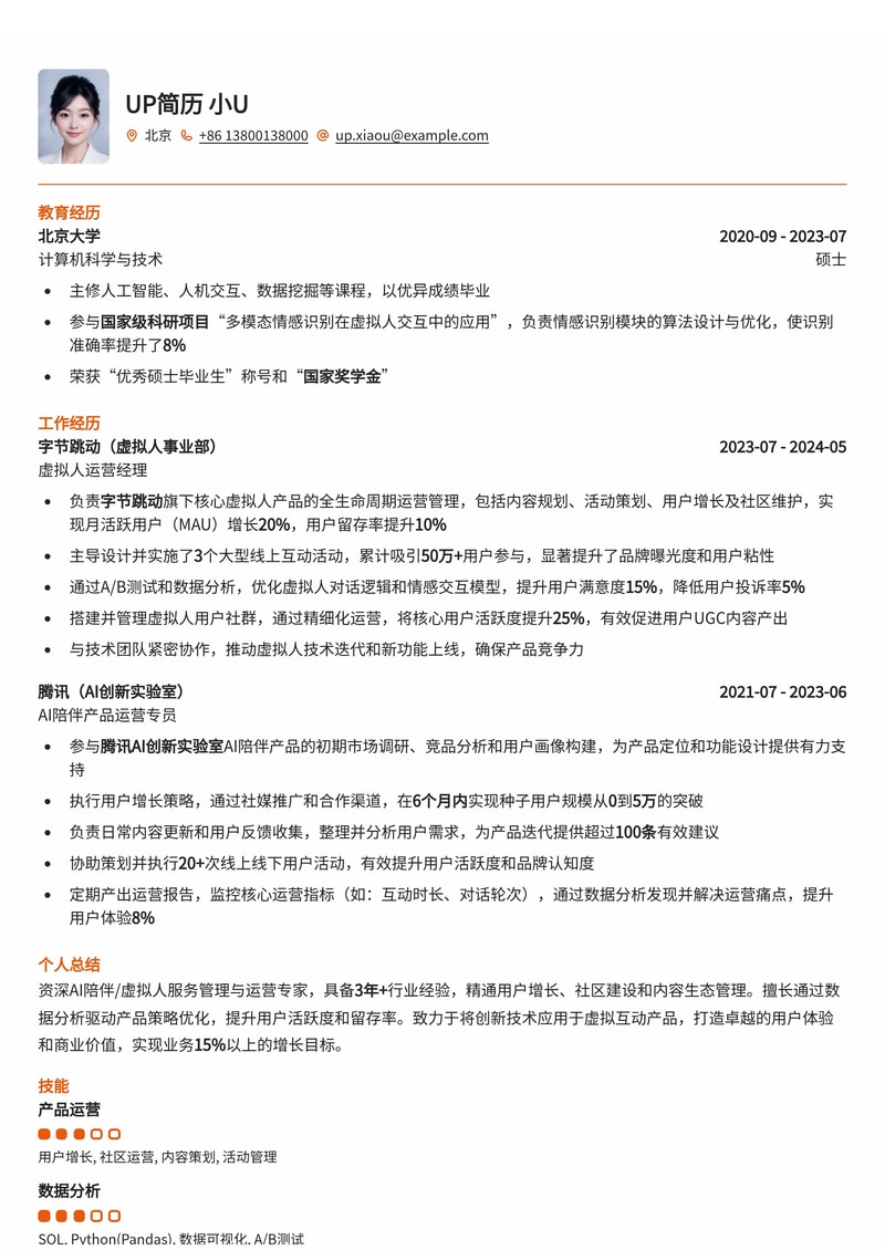 虚拟人服务管理/运营精英简历模板：AIGC时代下的陪伴与智能交互简历模板预览