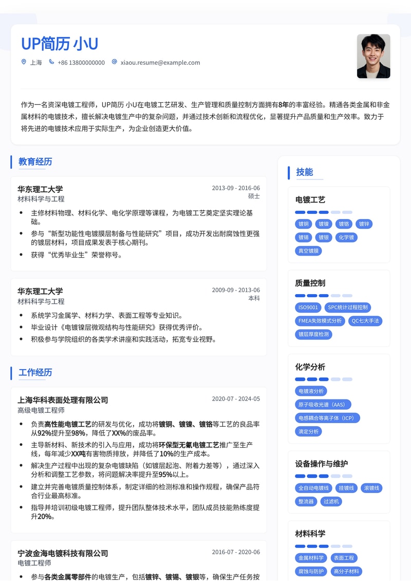 专业电镀工程师简历模板：精细工艺，闪耀职业生涯简历模板预览