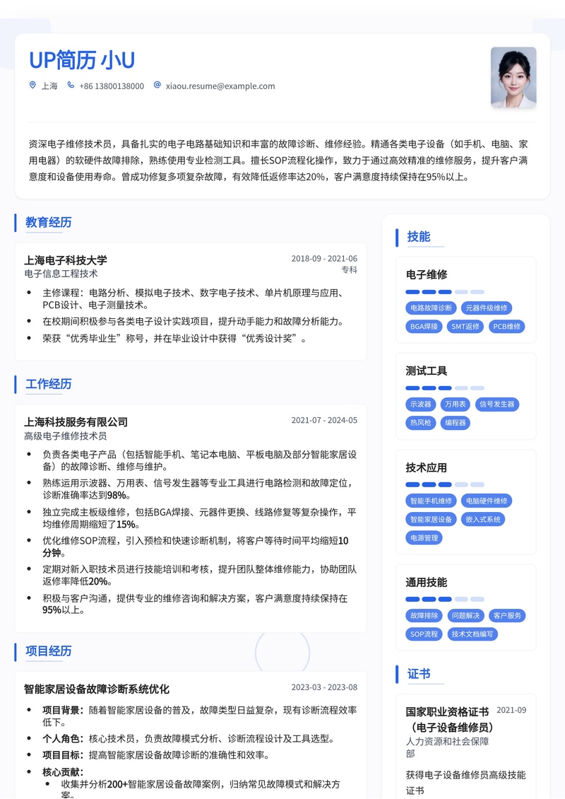 专业电子维修技术员简历模板：精准匹配，助您脱颖而出简历模板预览