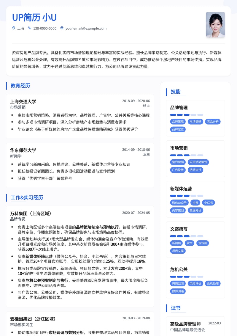专业房地产品牌专员简历模板：助力您在地产行业脱颖而出简历模板预览