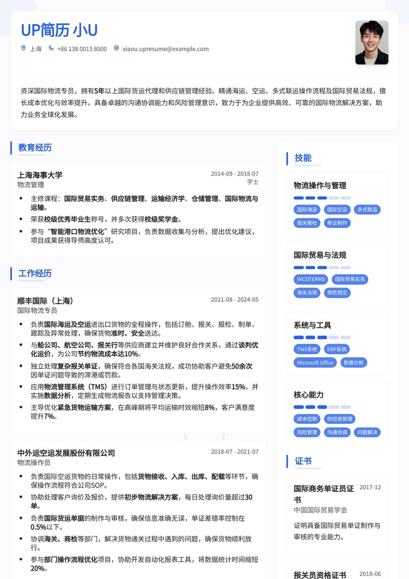 国际物流专员专业简历模板：助您高效通关职场