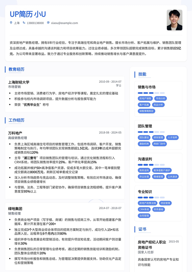 精选房地产销售经理简历模板：助您业绩倍增，脱颖而出简历模板预览