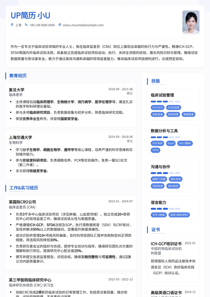 临床监查员 (CRA) 精英简历模板：助您锁定高薪CRA职位