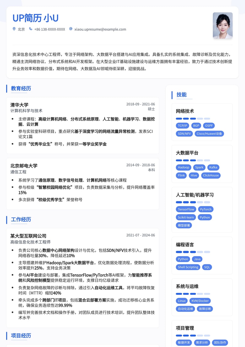 信息化技术中心工程师简历模板:网络/大数据/AI平台专家首选简历模板预览