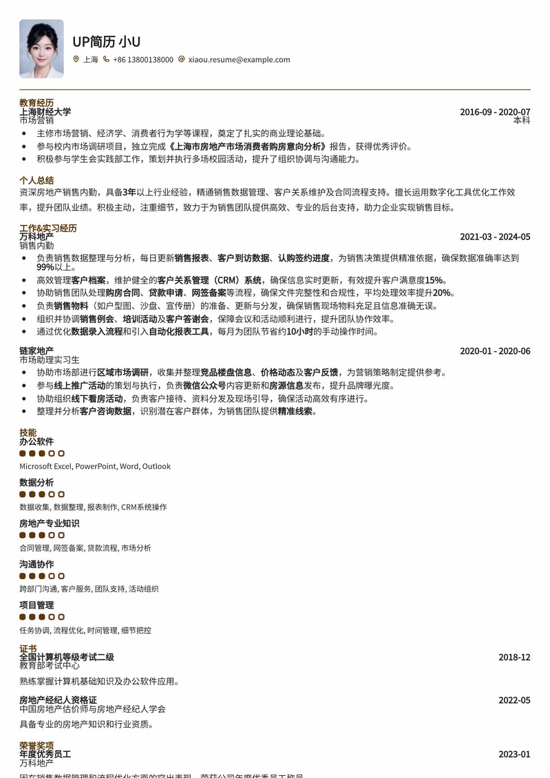 房地产销售内勤专业简历模板：助您高效管理，成就卓越