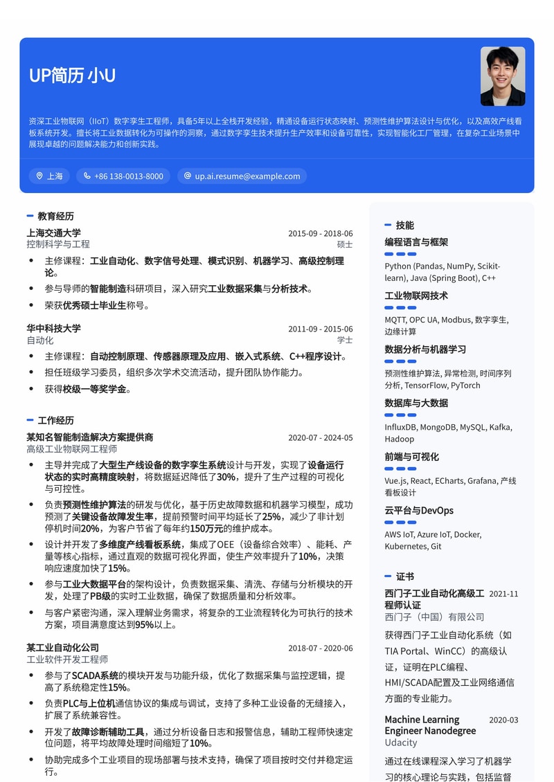 工业物联数字孪生简历模板：内置设备运行状态映射、预测性维护算法与产线看板设计简历模板预览