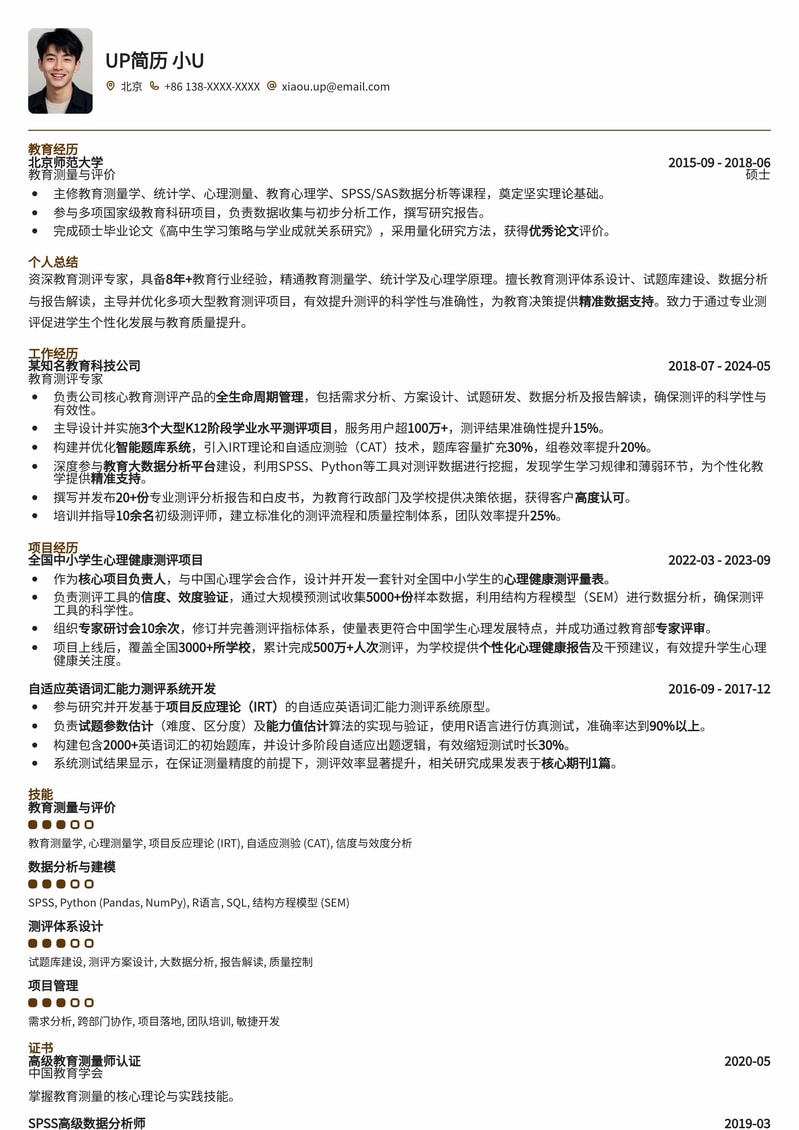 教育测评专家精英简历模板:助您精准定位,成就教育未来!简历模板预览