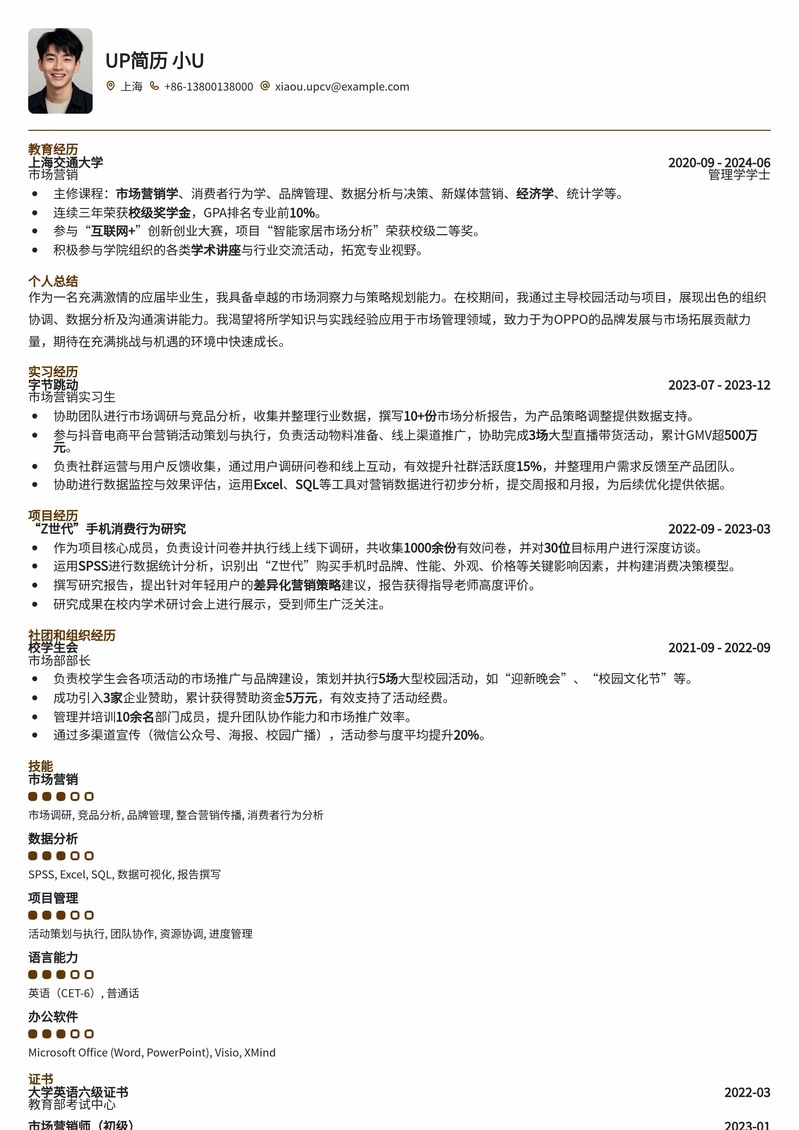 OPPO市场管理培训生（应届生）专属简历模板：助力职场新秀斩获offer简历模板预览