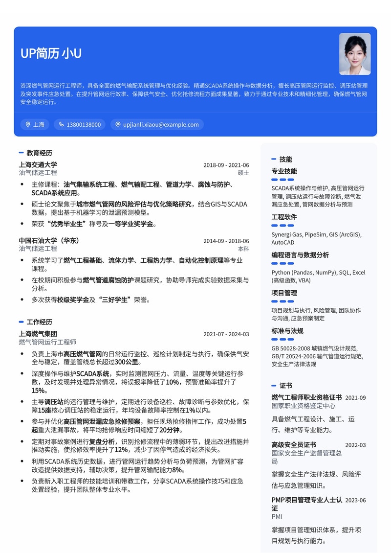 燃气管网运行工程师简历模板：SCADA系统监控与应急抢修复盘专家简历模板预览
