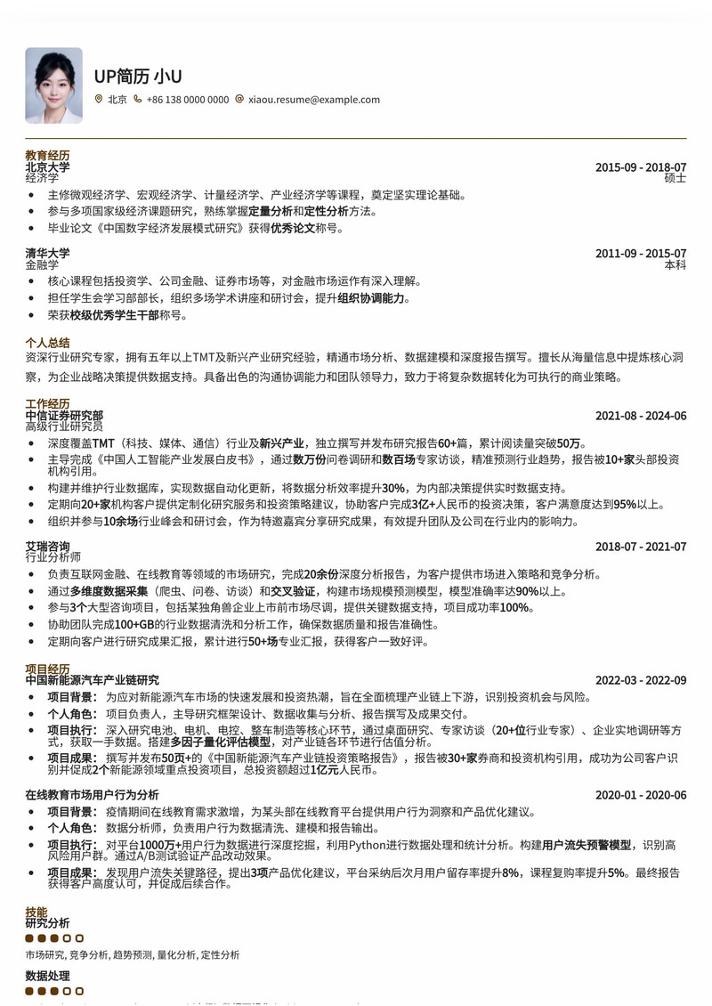 深度洞察：行业研究专家专属简历模板简历模板预览