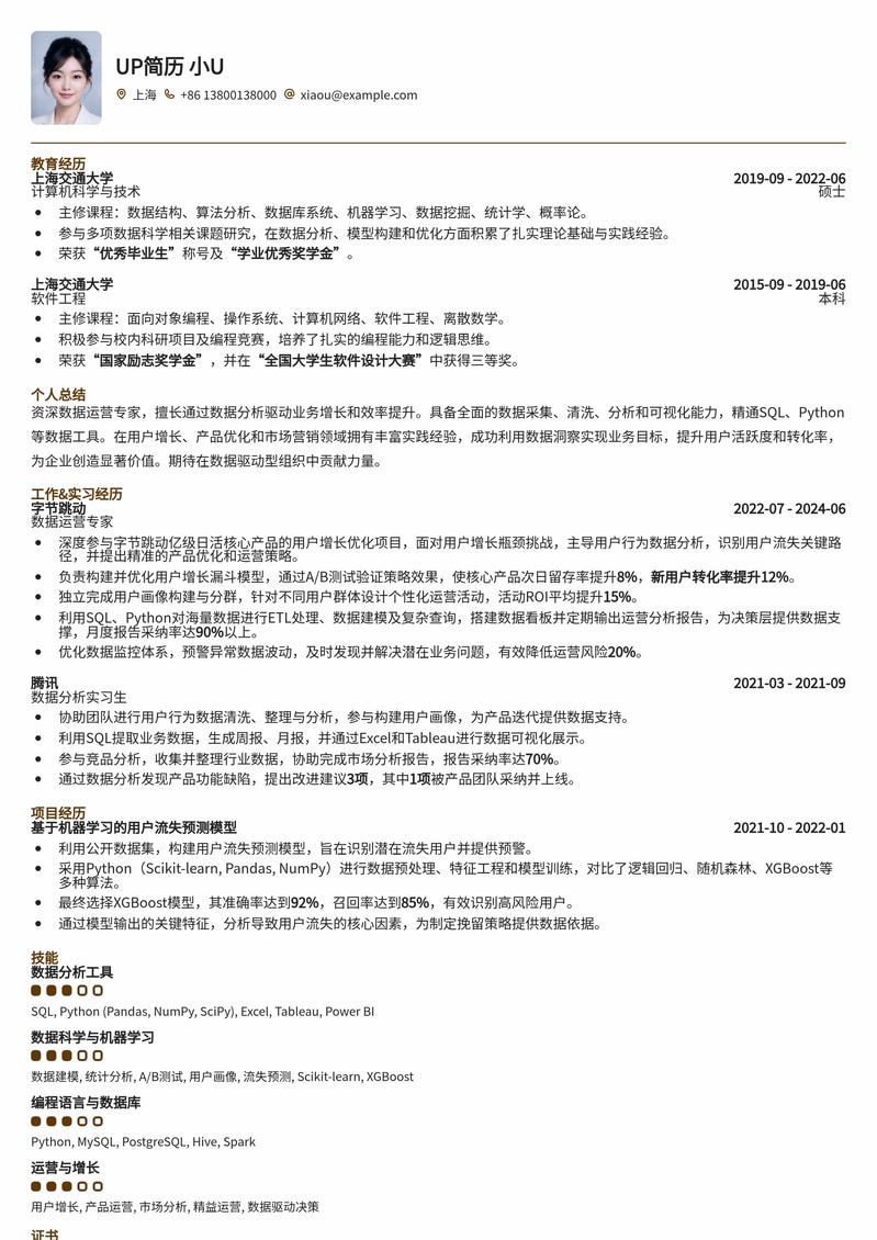 数据运营专员简历模板：精准洞察，驱动增长简历模板预览