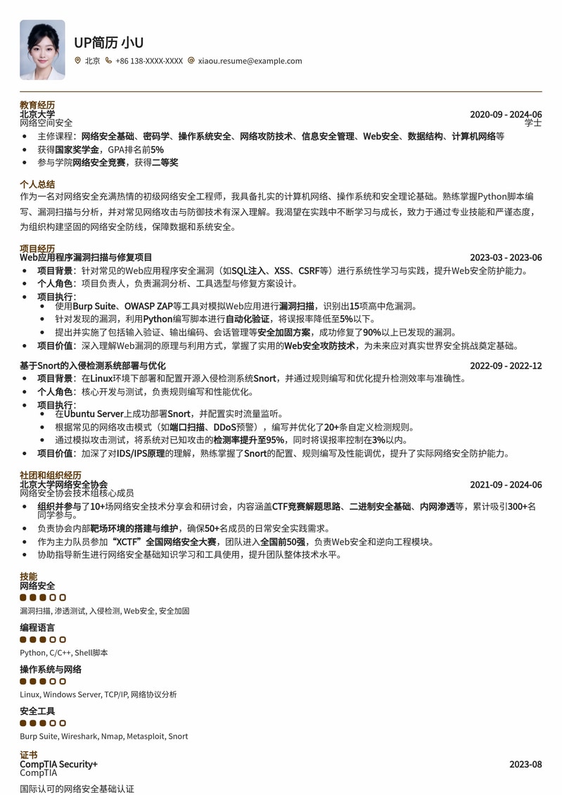 网络安全工程师入门级简历模板：打造求职成功第一步简历模板预览