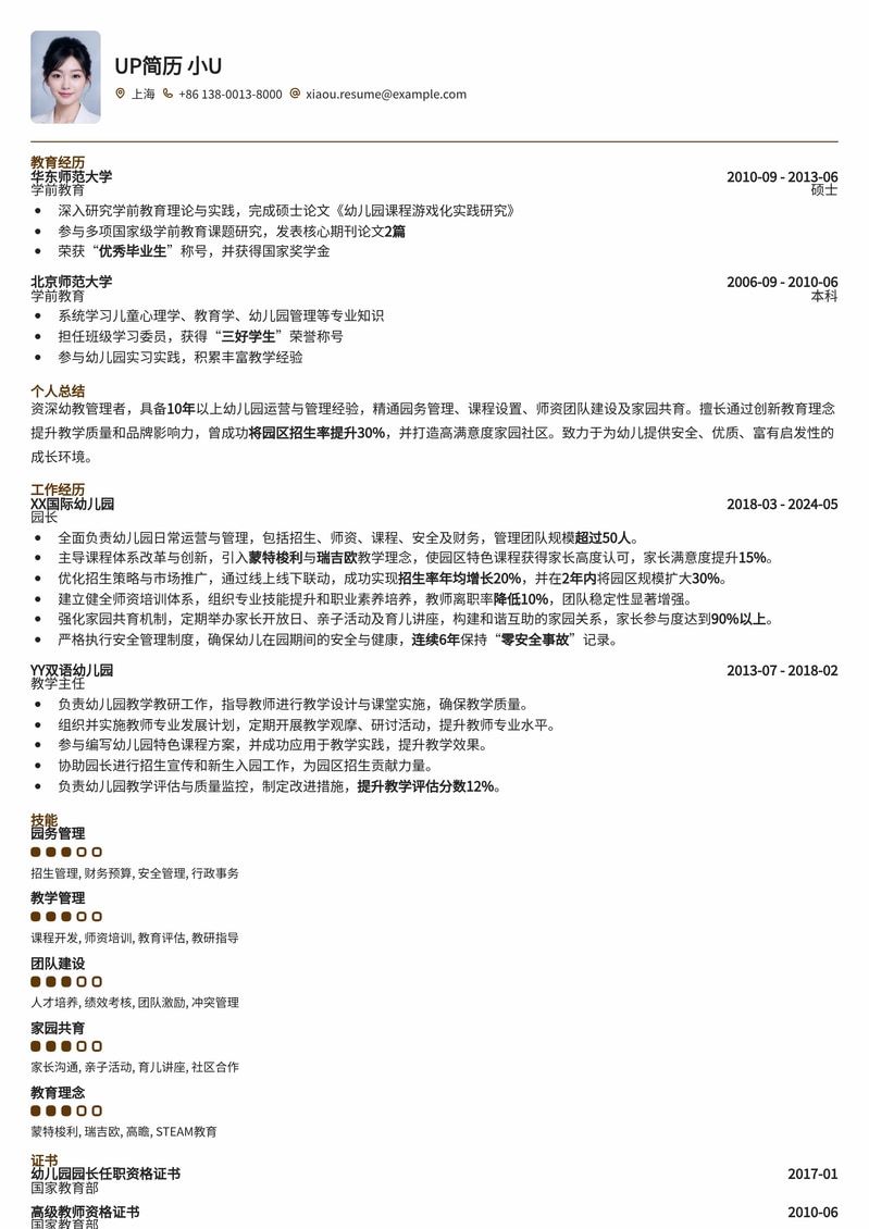 专业幼儿园园长简历模板：打造卓越领导力简历模板预览