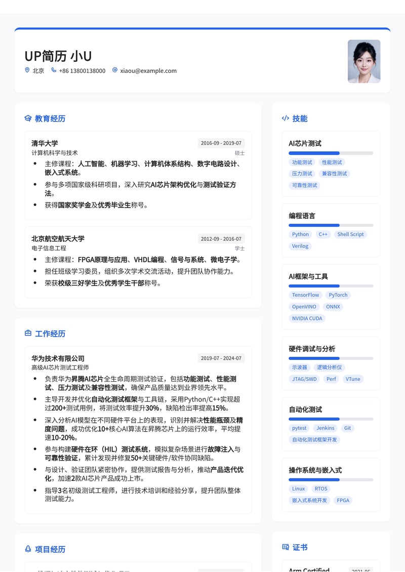 AI芯片测试工程师专业简历模板:赋能智能硬件测试专家简历模板预览