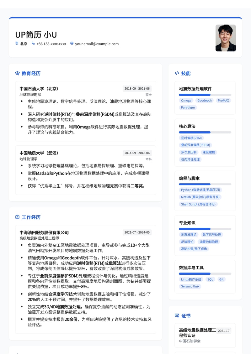 地震数据处理工程师(Seismic Data Processing)简历模板:RTM/PSDM成像算法简历模板预览