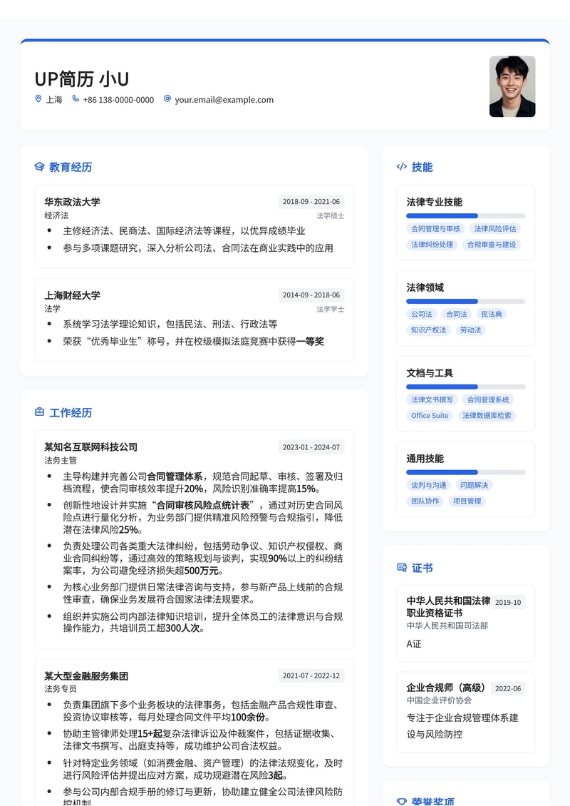法务专员/主管专业简历模板：突出合同审核风险与法律纠纷处理能力