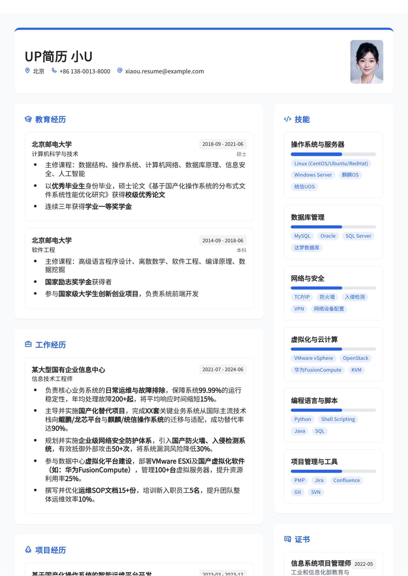 事业单位信息技术岗简历模板：响应国产化替代政策简历模板预览
