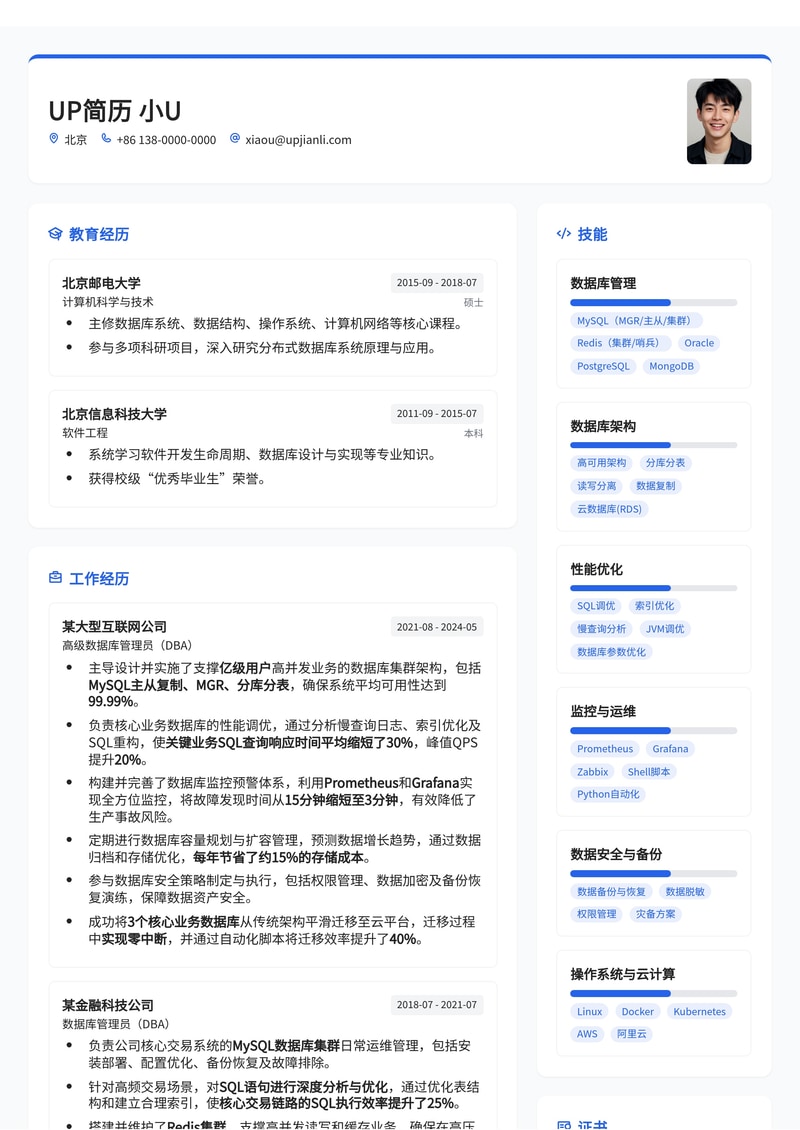 DBA精英简历模板：集群架构与SQL优化实战展示简历模板预览