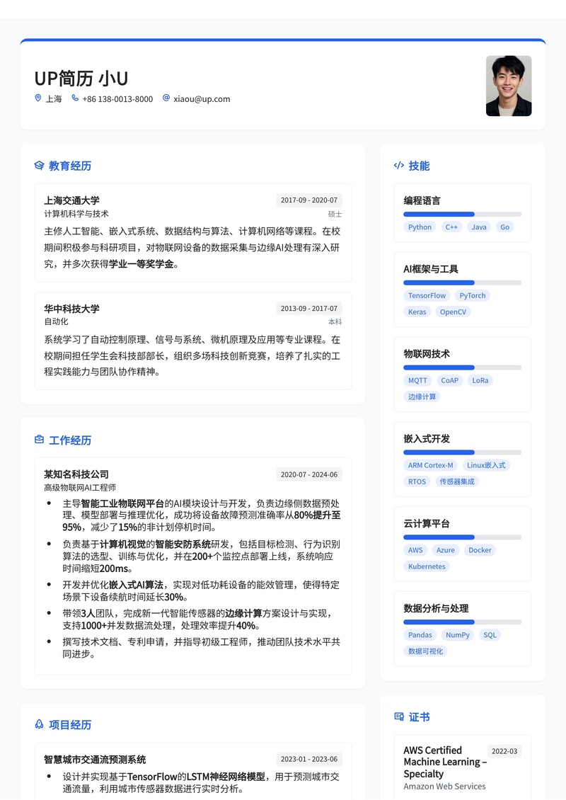 智联未来：物联网 + AI 工程师高阶简历模板简历模板预览