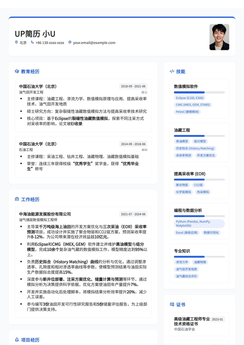 油气储层数值模拟工程师简历模板:Eclipse/CMG黑油/组分模型与千万吨级油田三次采油预测简历模板预览