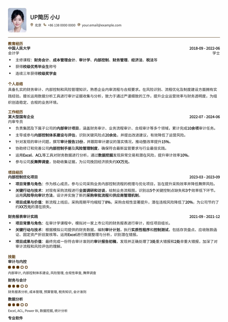 专业内审/内控专员简历模板：精准呈现财务与风险管理能力简历模板预览