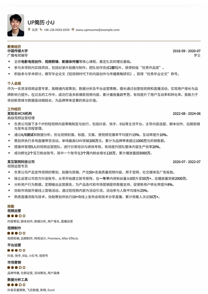 专业视频运营简历模板：助你脱颖而出，斩获心仪Offer简历模板预览