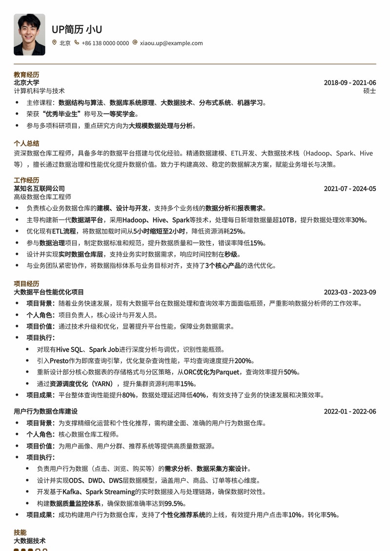 大数据时代：高效数据仓库工程师简历模板，助您斩获理想Offer简历模板预览