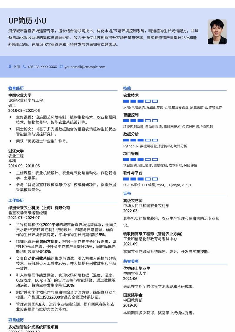 城市垂直农场运营官简历模板：高效管理未来农业，掌握智能环控与光谱优化技术简历模板预览