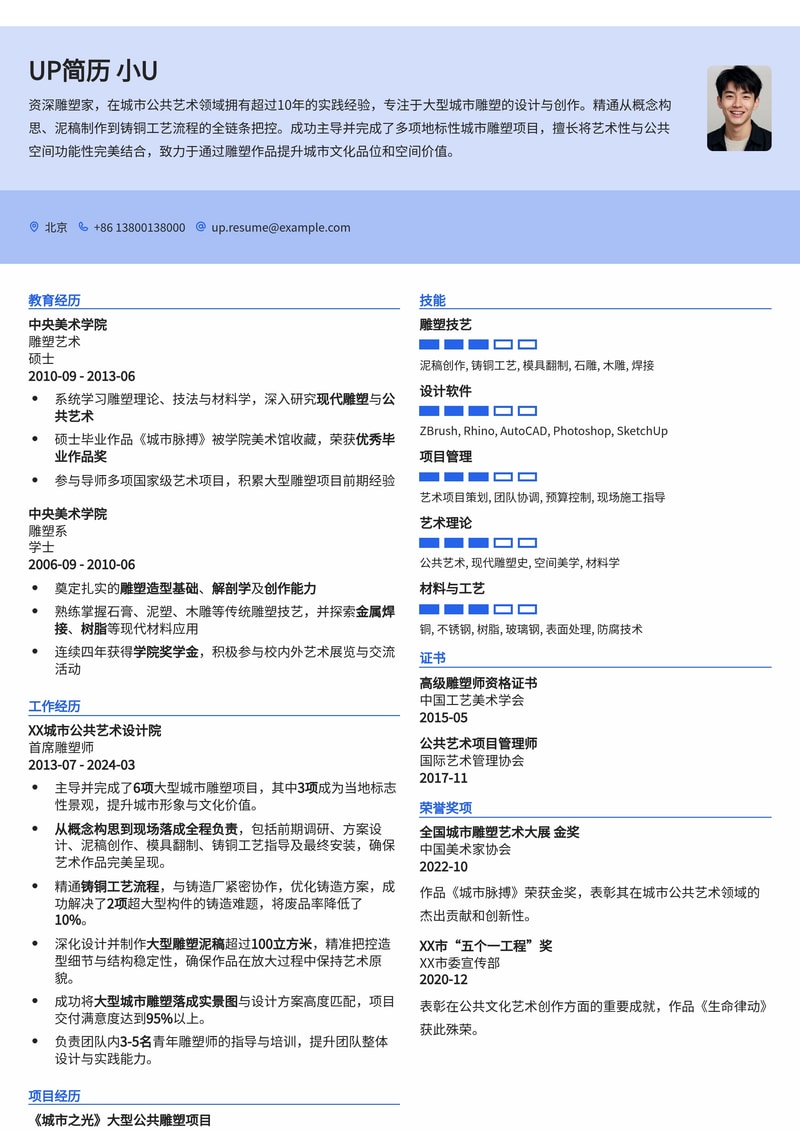 雕塑家简历模板:大型城市雕塑实景与泥稿/铸铜工艺全流程展示,艺术与技艺兼备简历模板预览