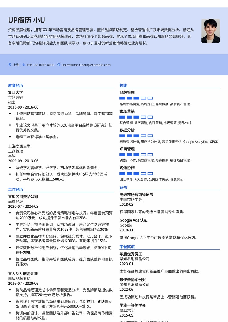 专业品牌经理简历模板：助您打造卓越品牌形象，脱颖而出简历模板预览