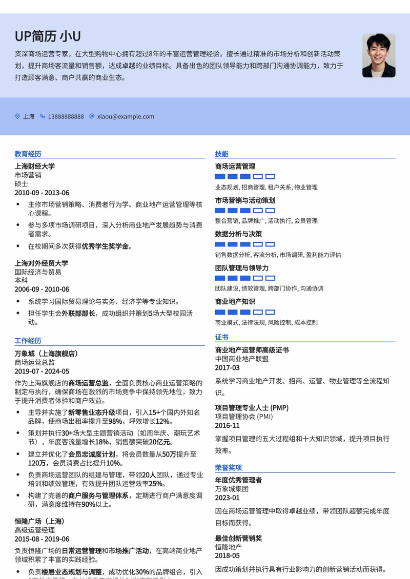 商场运营简历模板：大型购物中心管理简历模板预览
