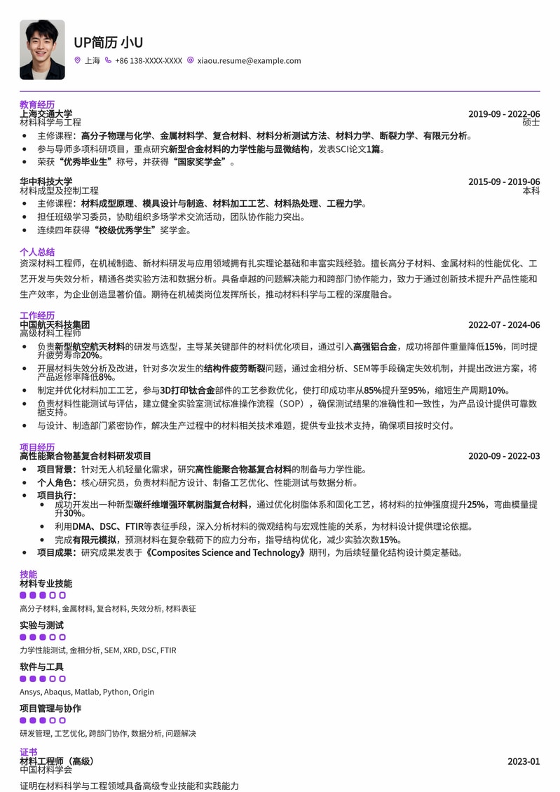材料工程师简历模板：机械制造领域专业人士优选简历模板预览