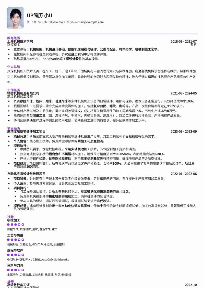 【机械制造】车工/铣工/磨工/钳工专业简历模板简历模板预览