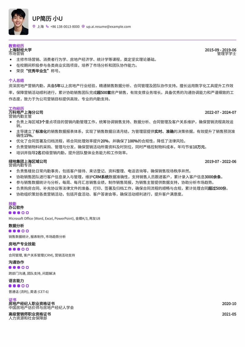 房地产营销内勤：高效能协调与数据管理简历模板简历模板预览