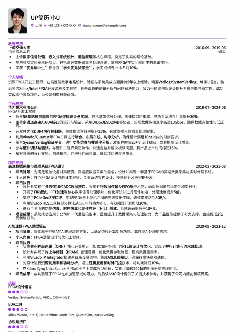 FPGA开发工程师专业简历模板：助您锁定高薪职位简历模板预览
