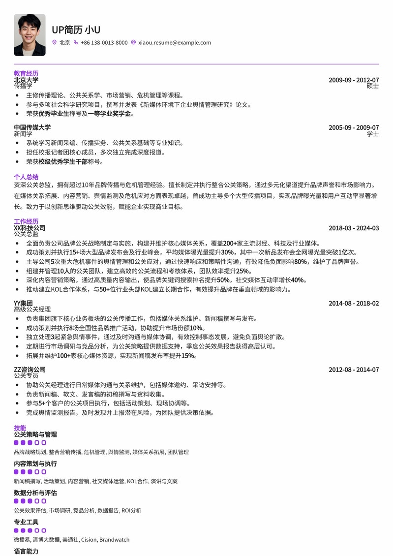 公关总监 (PRD) 精英简历模板：打造卓越品牌影响力简历模板预览