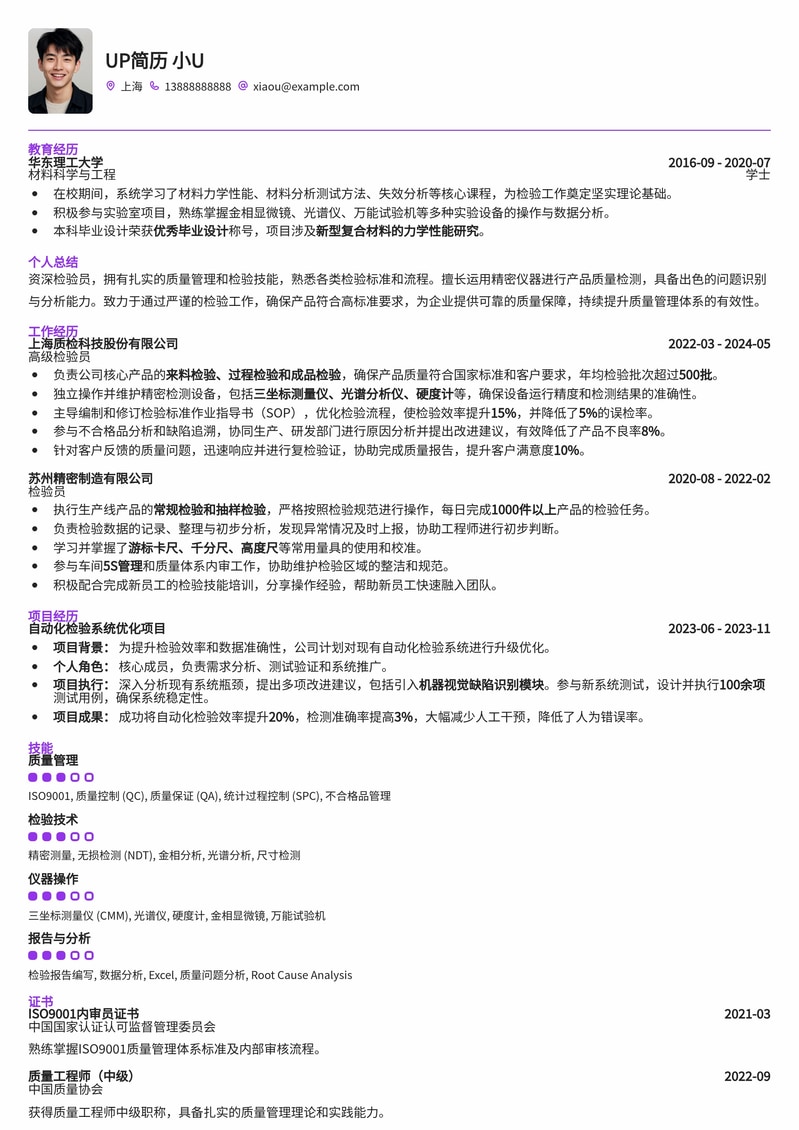 专业检验员简历模板：精准呈现质量管理与检测专长简历模板预览