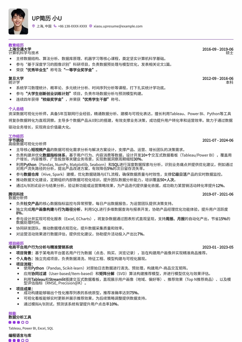 数据可视化分析师高效简历模板：洞察数据，驱动业务简历模板预览