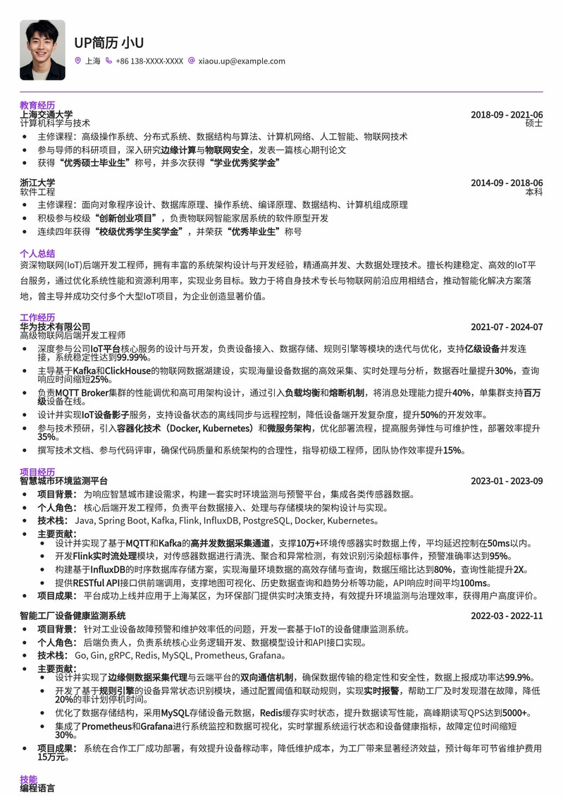 【后端开发】物联网(IoT)后端工程师高薪简历模板简历模板预览