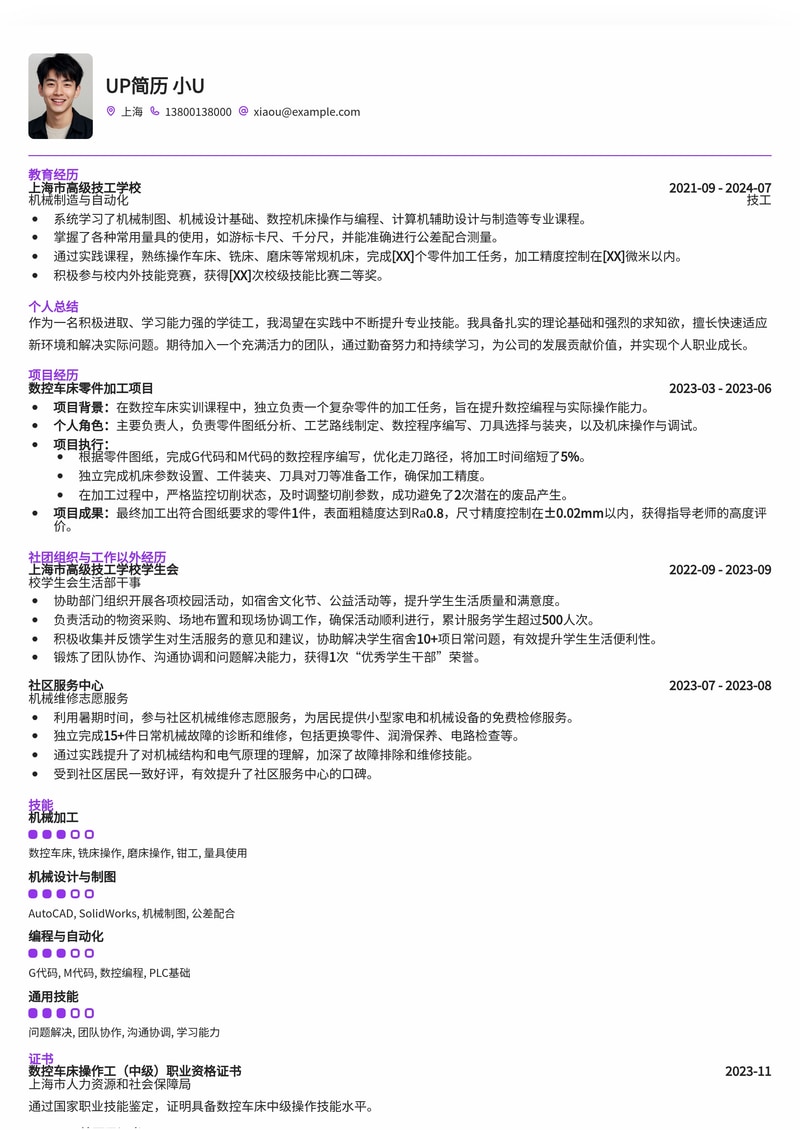 零基础学徒工简历模板：快速入门职场，展现学习潜力简历模板预览