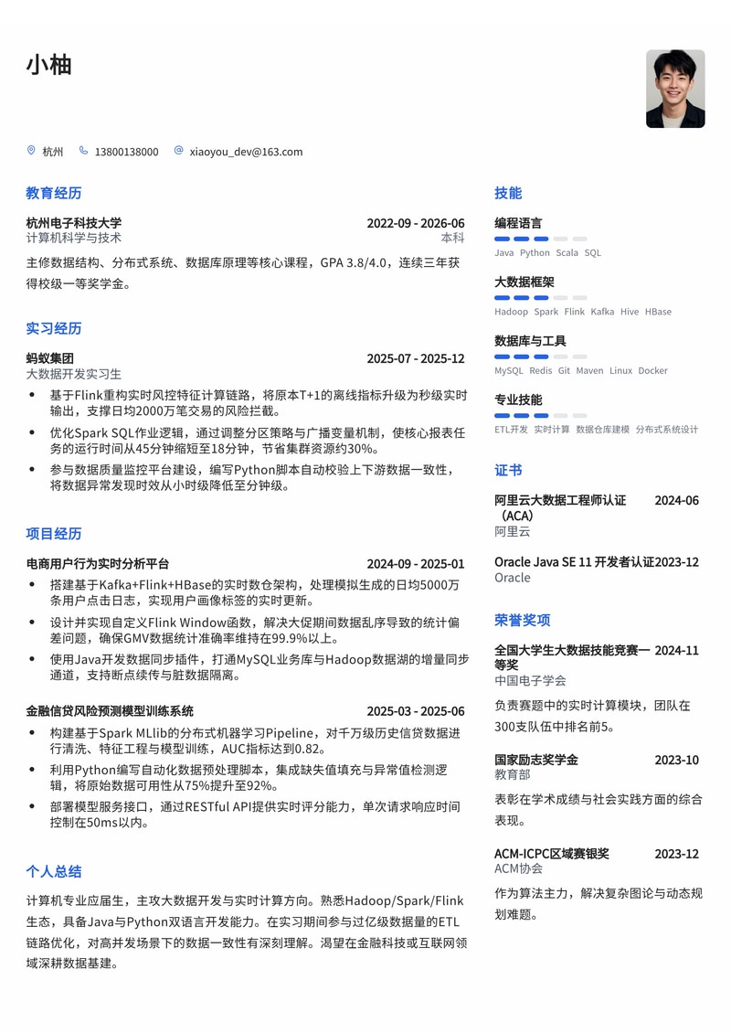 数据开发工程师简历模板(互联网/金融科技校招)简历模板预览