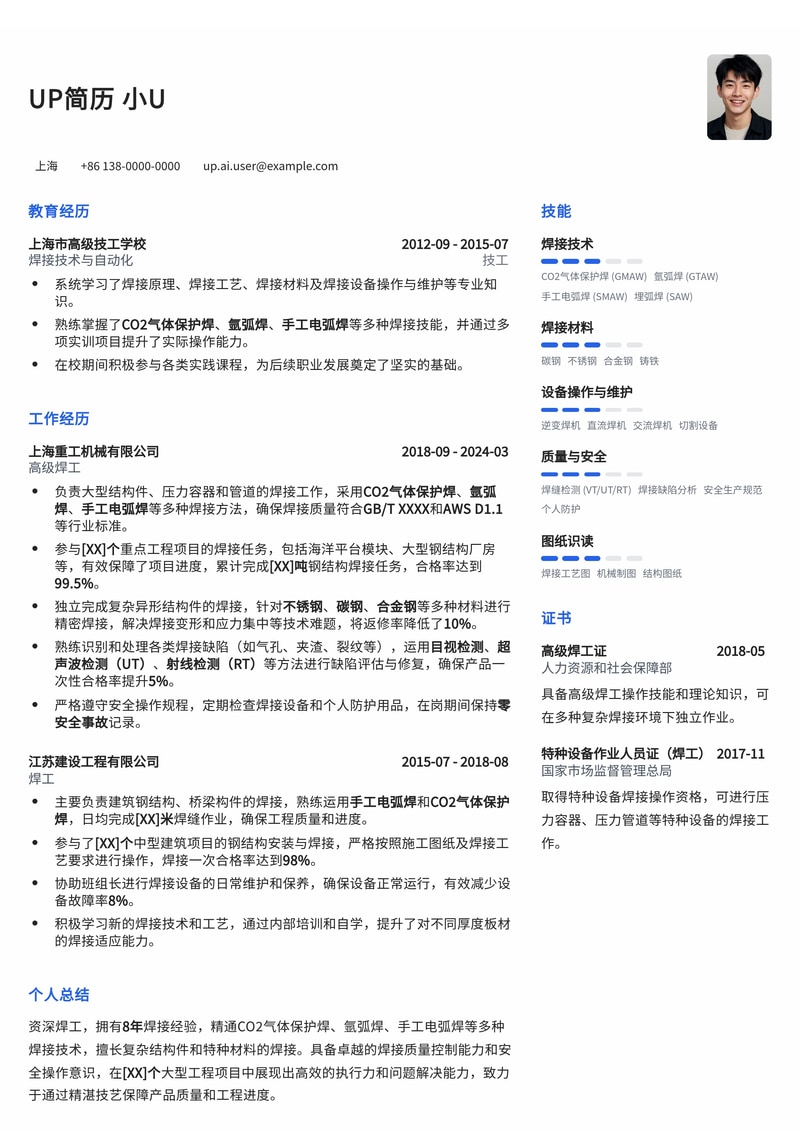 匠心独运：高效专业的焊工简历模板，助您职场腾飞简历模板预览