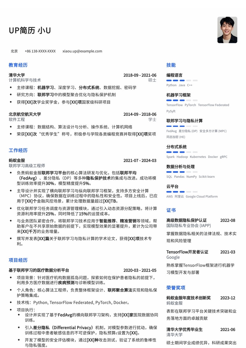 【联邦学习】AI时代高薪优选:联邦学习工程师简历模板简历模板预览