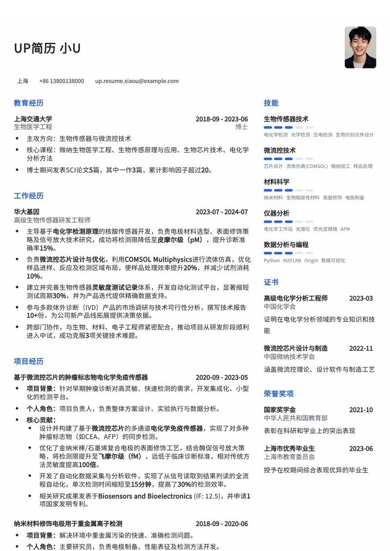 生物传感器开发简历模板：突出电化学检测与微流控芯片设计核心竞争力简历模板预览